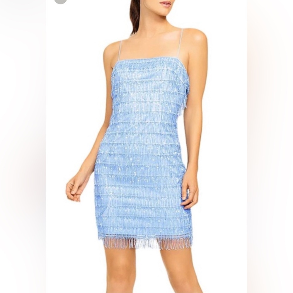 Aidan by Aidan Mattox Blue Fringe Sequin Spaghetti Strap Midi Dress